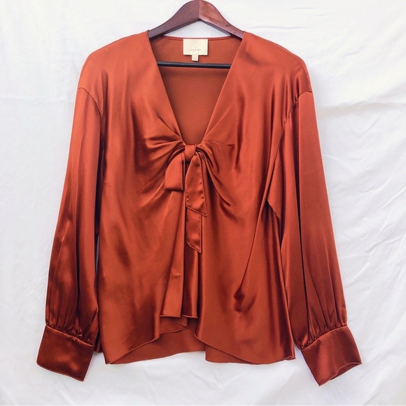 CINQ A SEPT | LENTZ TIE BOW LONG SLEEVE SILK SATIN LARGE BLOUSE IN TOBACCO - Picture 2 of 6
